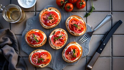 Delicious food photography of tomato bruschetta on rustic table natural lighting culinary art vibrant colors