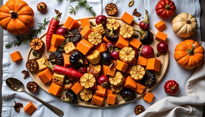 Vibrant autumn food photography cozy kitchen colorful display of pumpkin and cheese festive atmosphere