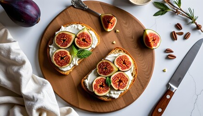 Delicious fig and cream cheese toast home kitchen food photography cozy setting top-down view culinary delight