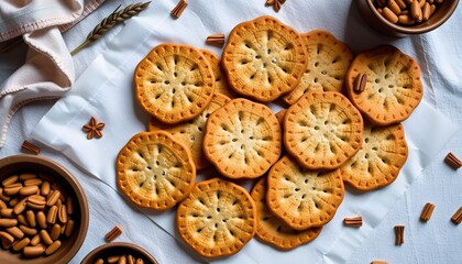 Delicious traditional cookies on white surface home kitchen food photography cozy environment top view culinary delight