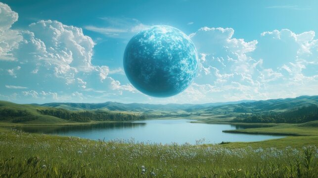 Surreal Landscape Floating Blue Planet Over Serene Lake and Rolling Hills