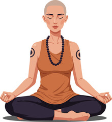 Woman with shaved head meditating in lotus pose wearing brown top and black pants vector illustration 