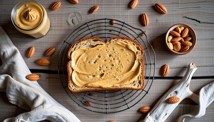Delicious food photography of creamy peanut butter on toast rustic kitchen aesthetic overhead view