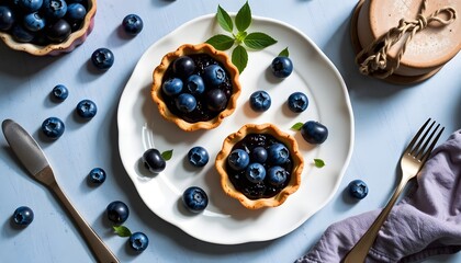 Delicious blueberry tarts kitchen food photography bright setting top-down view culinary art
