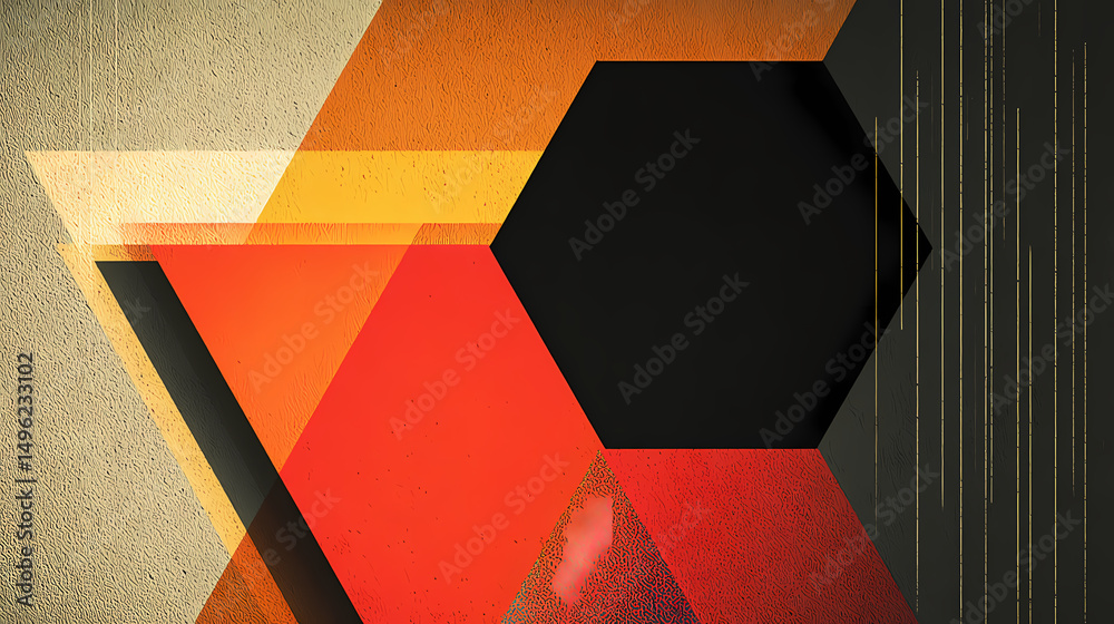 Wall mural minimalist tech background with raised hexagon and rainbow illuminated edge. black surface with embo