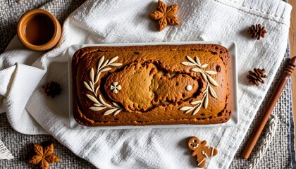 Delicious food photography of homemade gingerbread loaf cake on a cozy kitchen table