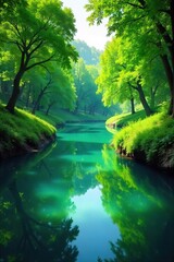 Obraz premium Serene waterscape, lush green foliage reflected in calm water, vibrant emerald hues, tranquil scene, natural beauty, idyllic landscape , ecosystem, stream, green