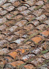 Aged terracotta roof tiles with textured surface