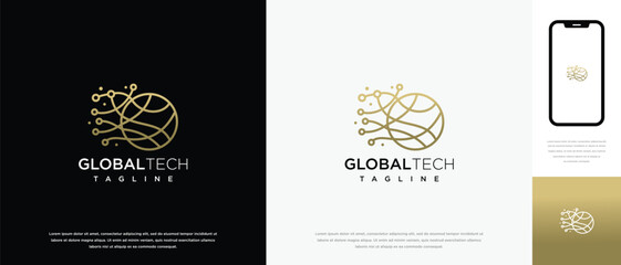 Naklejka premium Global technology logo design vector concept. Global technology connection logo icon.