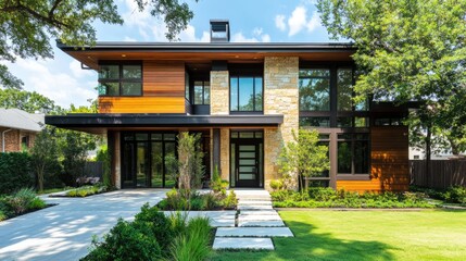 Modern Luxury Home Exterior with Stone and Wood Accents