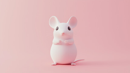 Fototapeta premium A full-body white mouse isolated on a pink background, showing its soft fur, tiny paws, pink tail, and alert eyes. 