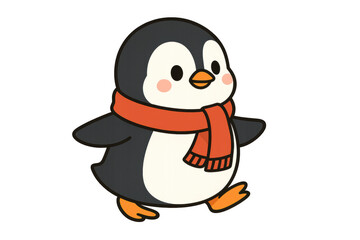 Obraz premium Cartoon penguin sporting bright orange scarf, waddling playfully against clean white background