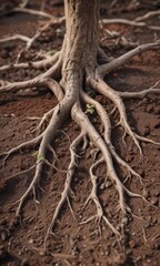 Close-up of knotted tree roots emerging from soil, rich earthy hues ,  rustic,  roots