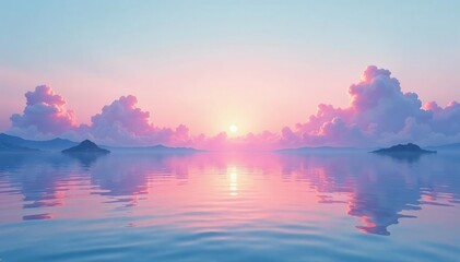 Pastel hues paint the sky, reflecting on calm water, shoreline, light, landscape