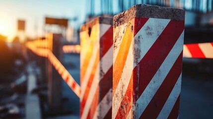 Red and White Striped Construction Barriers at Sunset