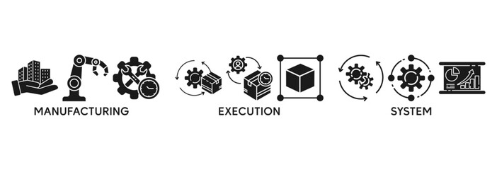 MES icon set vector illustration concept relate to  manufacturing execution system with icon of factory, service, automation, operation, production, distribution, management, structure, and analysis