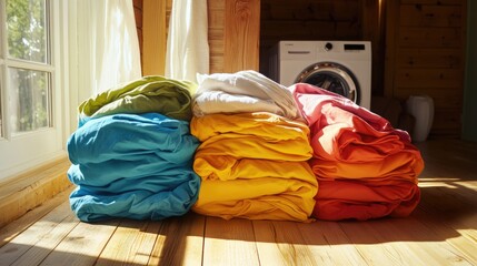Stacks of colorful bedding in sunlight near window