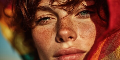 Close-up portrait of young woman with freckles and colorful scarf