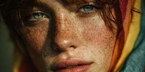 Close-up portrait of young woman with freckles and colorful scarf