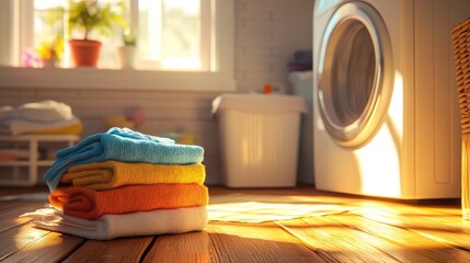 Sunlight illuminates stack of colorful towels in laundry room