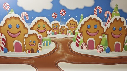 Colorful gingerbread houses in a festive winter scene.