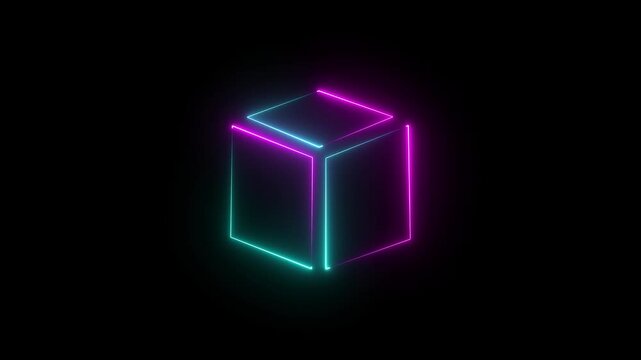 Glowing neon line looping pentagonal neon square frame effect, black background. Technology Sign, Colorful Neon Figure On Black Background ,Geometric portal with simple futurist