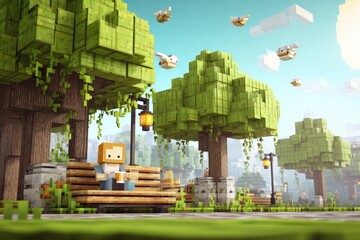 Blocky character sitting on a wooden bench under lush green trees, surrounded by floating clouds and playful creatures, creating a whimsical outdoor scene in a vibrant pixelated world
