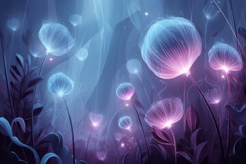 Ethereal glowing flowers in a mystical forest, surrounded by soft blue and purple hues, creating a dreamlike atmosphere with enchanting light effects and vibrant colors