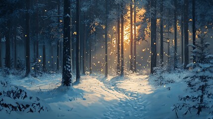 Winter wonderland forest path illuminated by glowing light.