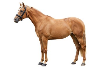 Palomino horse with bridle standing isolated on white background