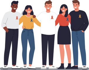 Diverse group of five young adults standing together with awareness ribbons supporting causes and unity in illustration style 