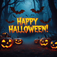 A spooky Halloween night scene, casting an eerie light. Bats fly overhead against a misty, dark forest backdrop. The words Happy Halloween