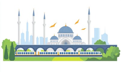Fototapeta premium Mesquita com Trem e Cidade ao Fundo - Ilustração Vetorial