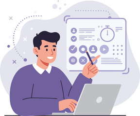 Man working on laptop with task management and productivity icons in flat design vector illustration 