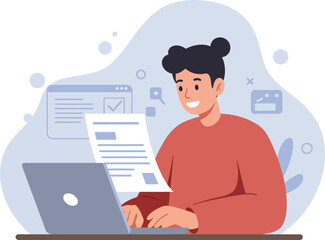 Young woman working on laptop and reviewing documents in modern workspace vector illustration 
