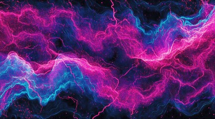 Obraz premium Abstract digital artwork depicting swirling, luminous neon pink and blue energy streams on a dark background, resembling cosmic nebulae or plasma