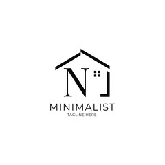 Simple and minimalist house logo with letter N. Logo template for real estate, architecture, and construction company