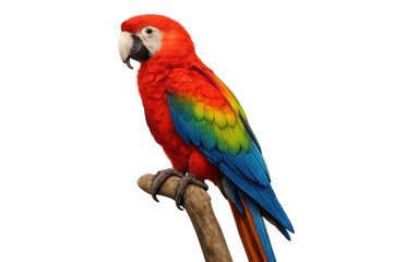 Fototapeta premium Colorful scarlet macaw perched on a branch, isolated on transparent background, showcasing its vibrant plumage