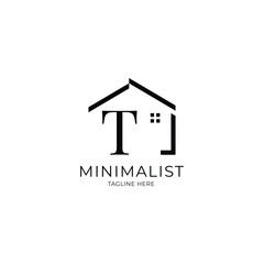 Simple and minimalist house logo with letter T. Logo template for real estate, architecture, and construction company