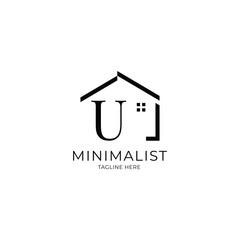Simple and minimalist house logo with letter U. Logo template for real estate, architecture, and construction company