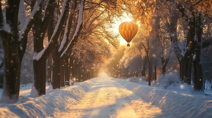 Winter wonderland road lined with trees, a hot air balloon in the golden sunlight.