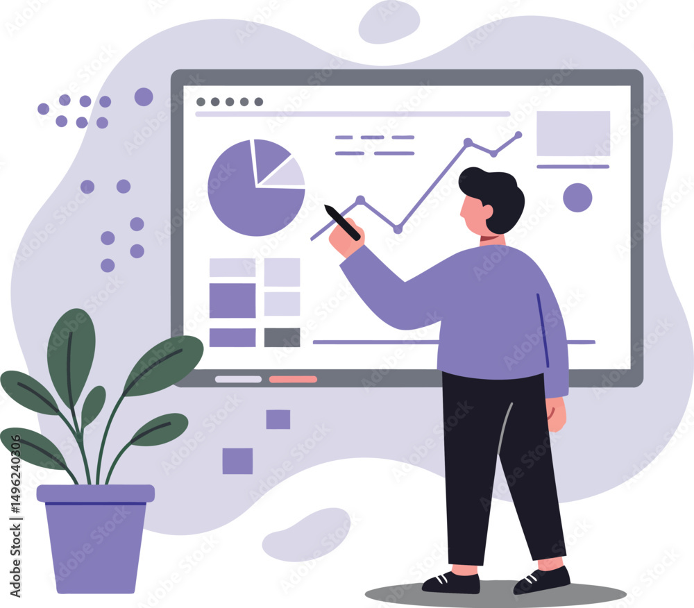 Poster man analyzing business data on whiteboard with charts and graphs in modern office setting