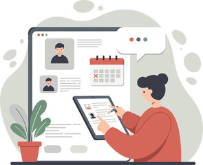 Fototapeta premium Woman using digital tablet for online scheduling and profile management with calendar and chat interface in muted colors vector illustration 