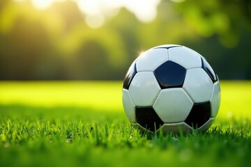 Fototapeta premium New soccer ball on green grass field, sunlight, football, new ball