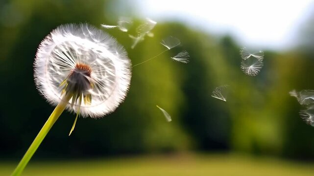 Dandelion clock releasing seeds on a grassy field against a blurred green background in a dreamy, soft focus environment.