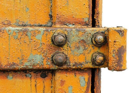 Close-up of a rusty, orange metal hinge with visible wear and chipping paint.  The hinge is fastened with several nuts and bolts