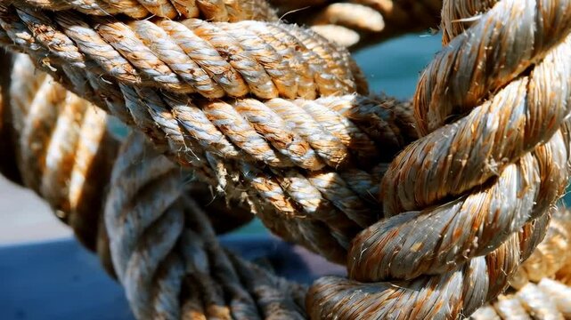 Close-up showcases a weathered mooring rope, entwined and textured, revealing its robust construction against a backdrop of blurred blue water.