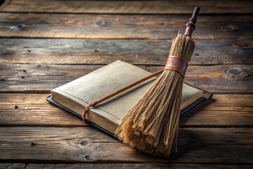 Ancient Spellbook and Crooked Magical Broom on Rustic Wood