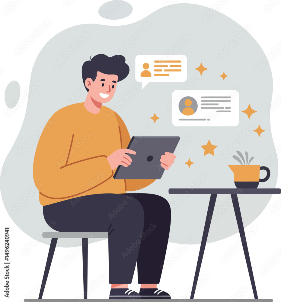 Poster man using tablet for social media communication with messages and star icons in casual setting vecto