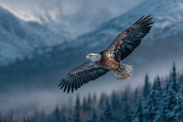 Obraz premium Bald eagle soaring over snow-covered mountains and pine forests.